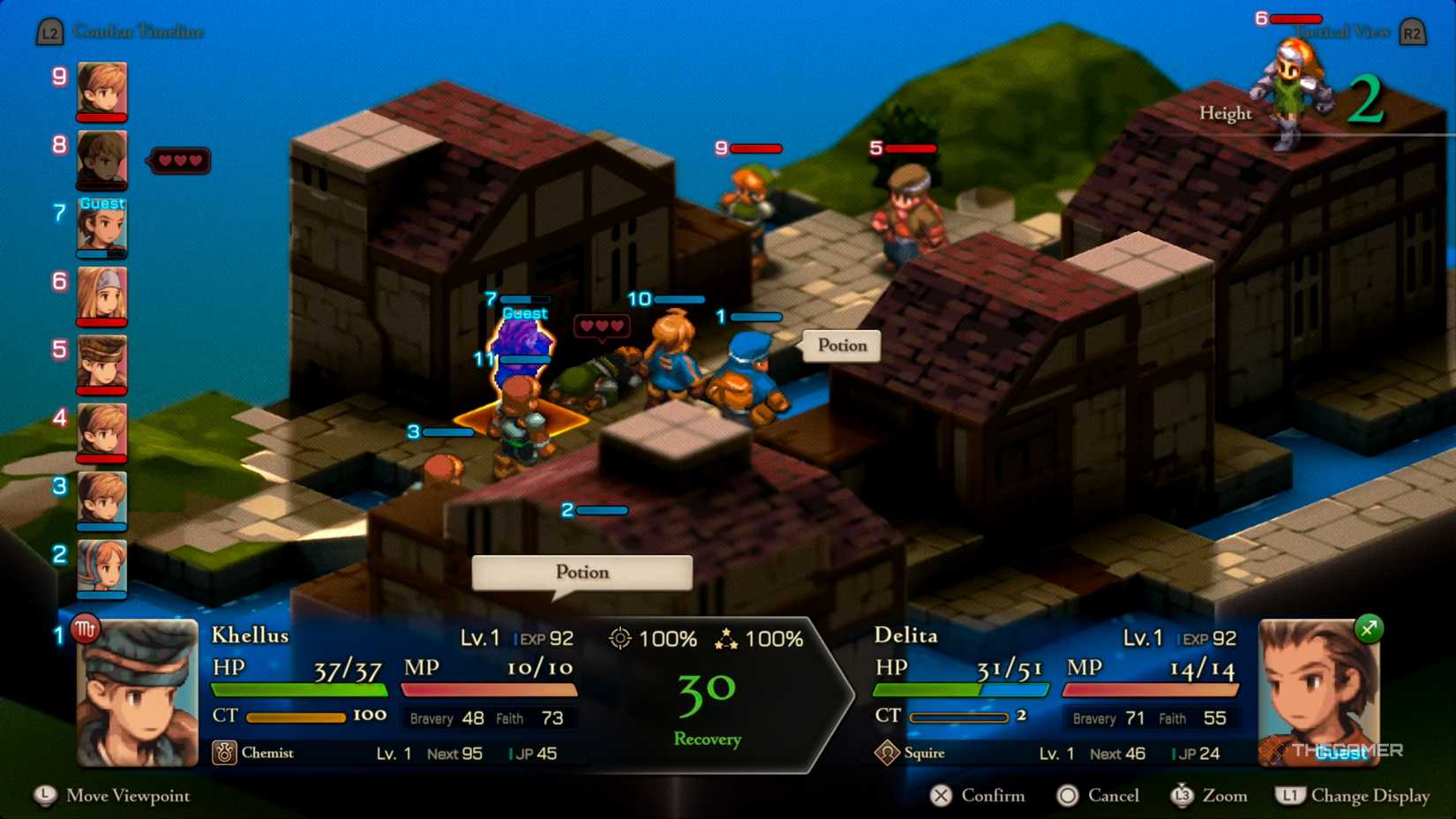 A Chemist tossing a Potion at Delita to fully replenish his HP in Final Fantasy Tactics: The Ivalice Chronicles.