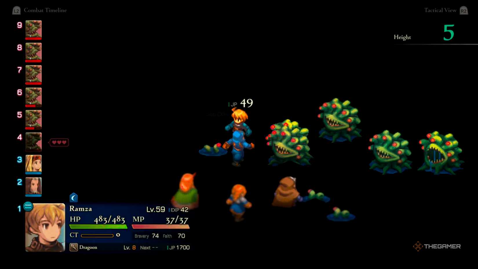 Ramza defeating a Malboro and obtaining 49 JP within the Midlight's Deep Dungeon in Final Fantasy Tactics: The Ivalice Chronicles.