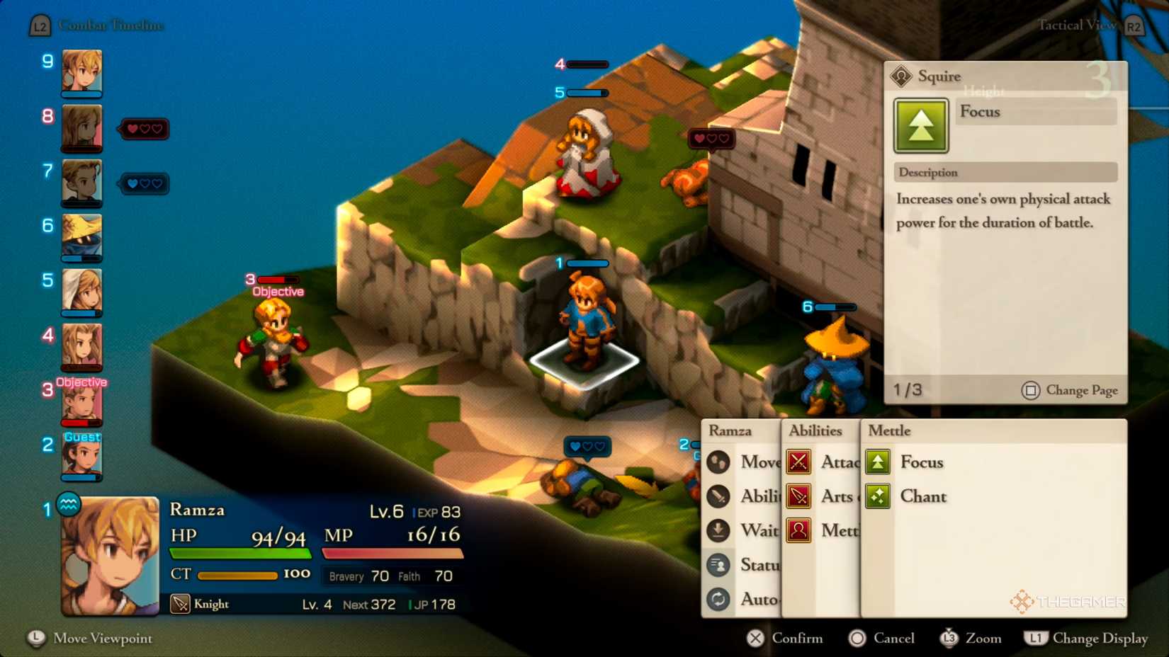 Ramza using his Focus Ability from the Squire Job, boosting his Physical Attack for the remainder of the battle in Final Fantasy Tactics: The Ivalice Chronicles.