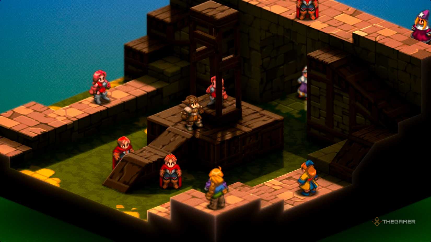 Gaffgarion and his party looking toward Ramza and his party before they battle at the Golgollada Gallows in Final Fantasy Tactics: The Ivalice Chronicles.