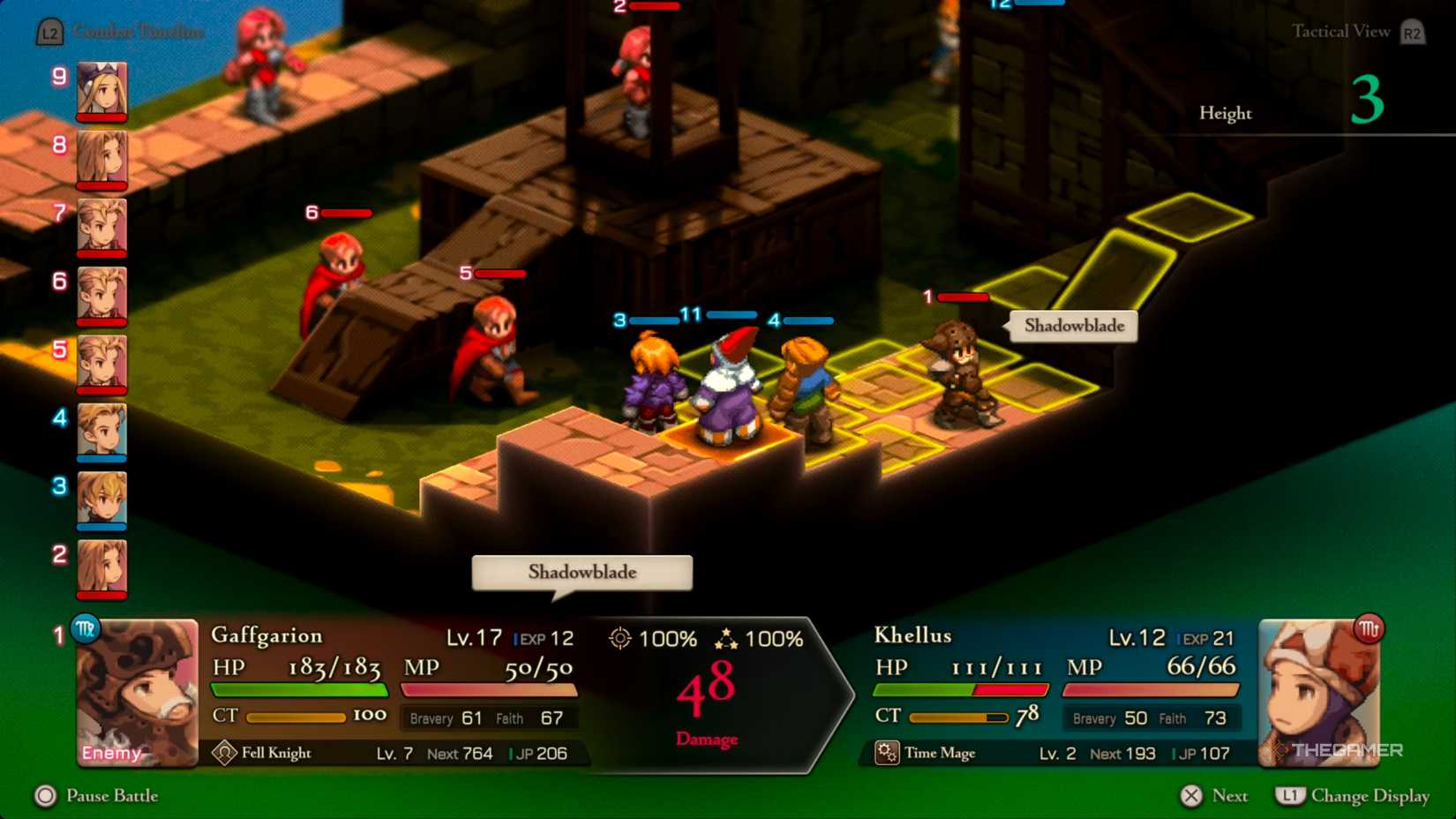 Gaffgarion executing his Shadowblade attack on a Time Mage for considerable damage in Final Fantasy Tactics: The Ivalice Chronicles.