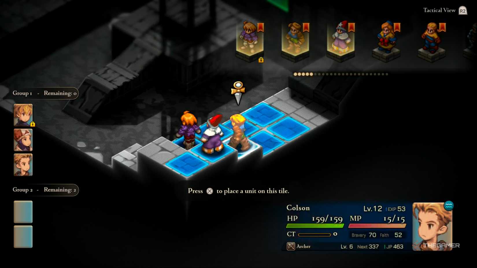An overview of Ramza, a Time Mage, and an Archer being placed on specific tiles to give them an early advantage in the Golgollada Gallows mission in Final Fantasy Tactics: The Ivalice Chronicles.