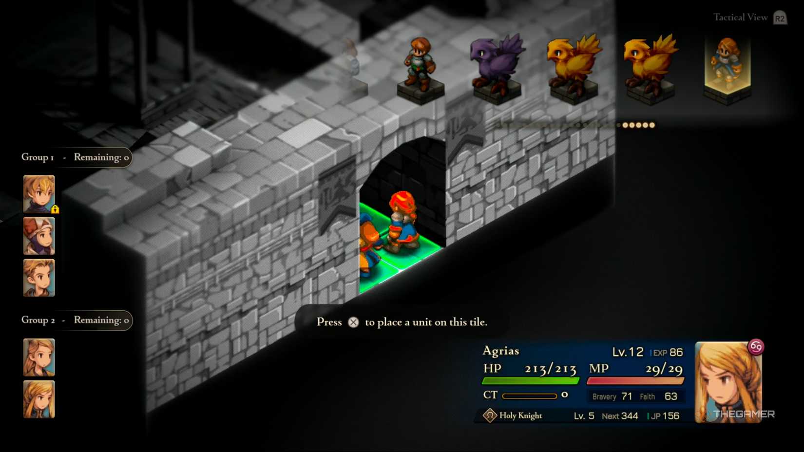 Placing Agrias and a Mystic unit on the back tiles in the Golgollada Gallows mission in Final Fantasy Tactics: The Ivalice Chronicles.