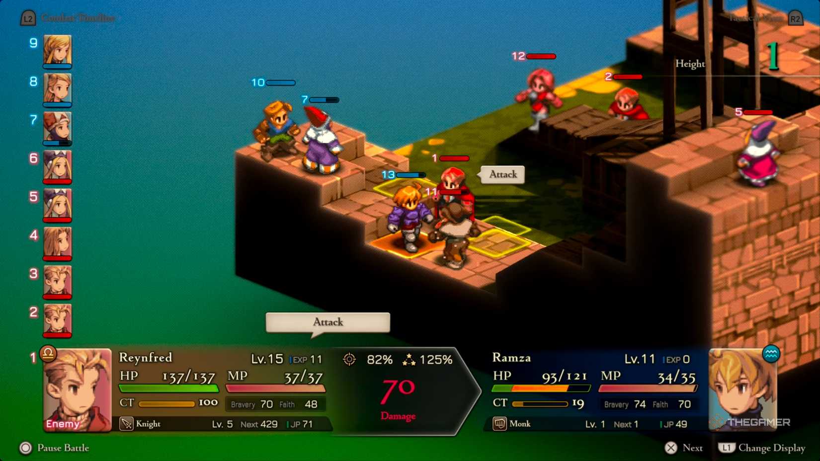 A Knight landing a devastating attack on Ramza for massive damage in Final Fantasy Tactics: The Ivalice Chronicles.