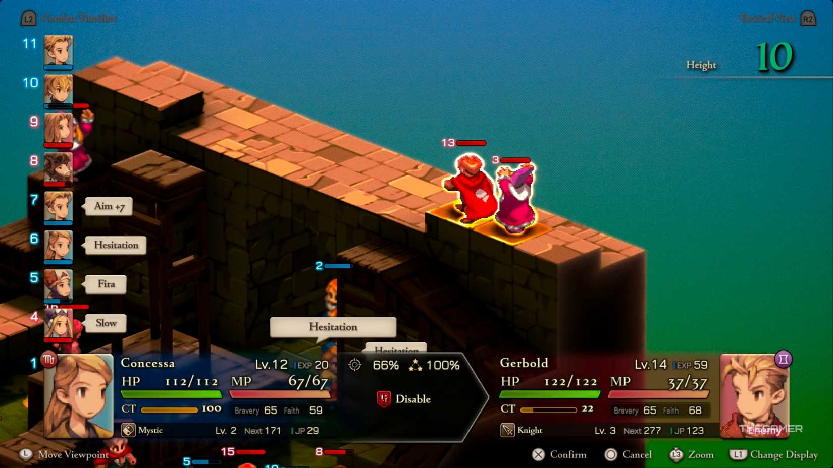 A Mystic casting Hesitation on a Knight and a Time Mage in Final Fantasy Tactics: The Ivalice Chronicles.