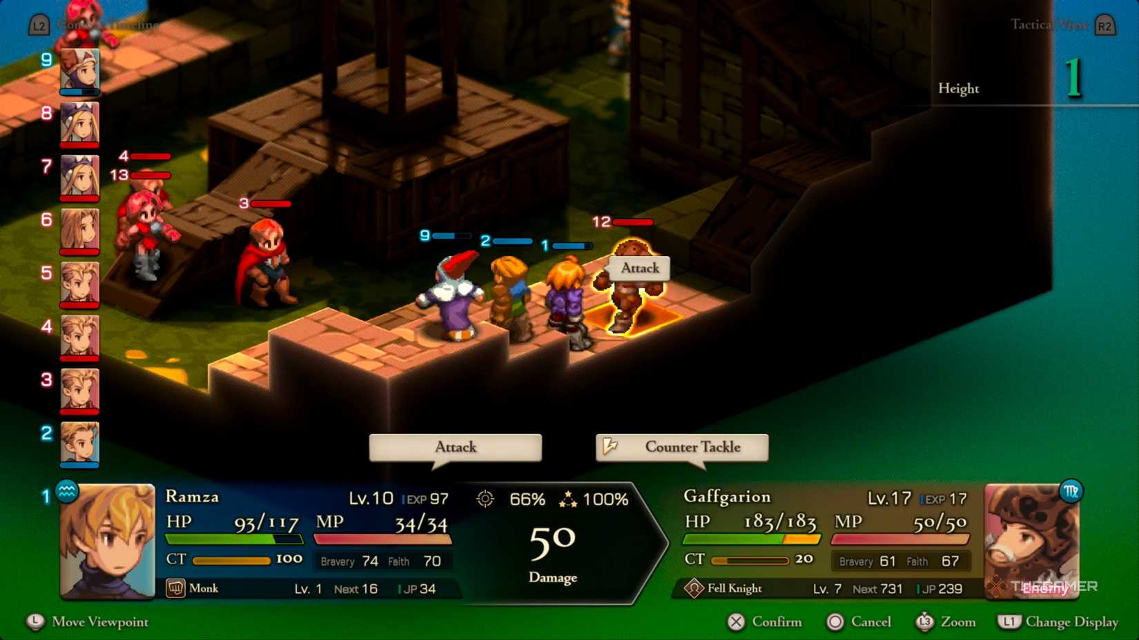 Ramza landing an attack on Gaffgarion for decent damage in Final Fantasy Tactics: The Ivalice Chronicles.