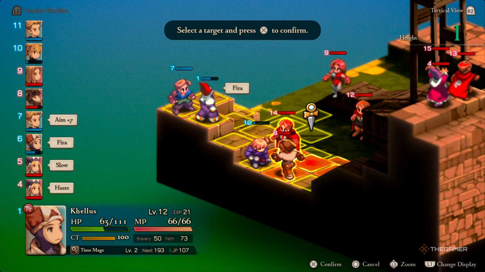 A Time Mage casting Fira on Gaffgarion and a Knight for massive damage in Final Fantasy Tactics: The Ivalice Chronicles.