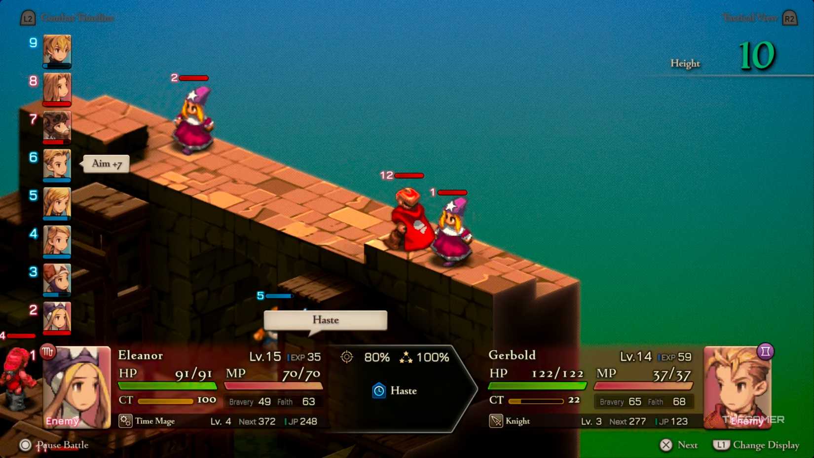 A Time Mage casting Haste onto herself and a Knight for a chance of increasing their Speed Stat in Final Fantasy Tactics: The Ivalice Chronicles.