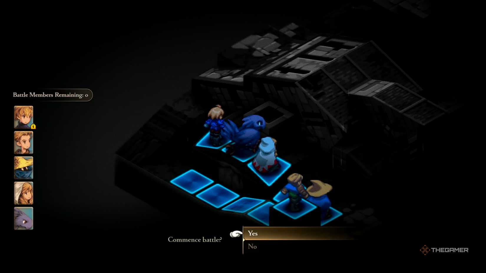 An overview of the placement for Ramza, Black Chocobo, White Mage, Black Mage, and an Archer for the Goug Lowtown mission in Final Fantasy Tactics: The Ivalice Chronicles.