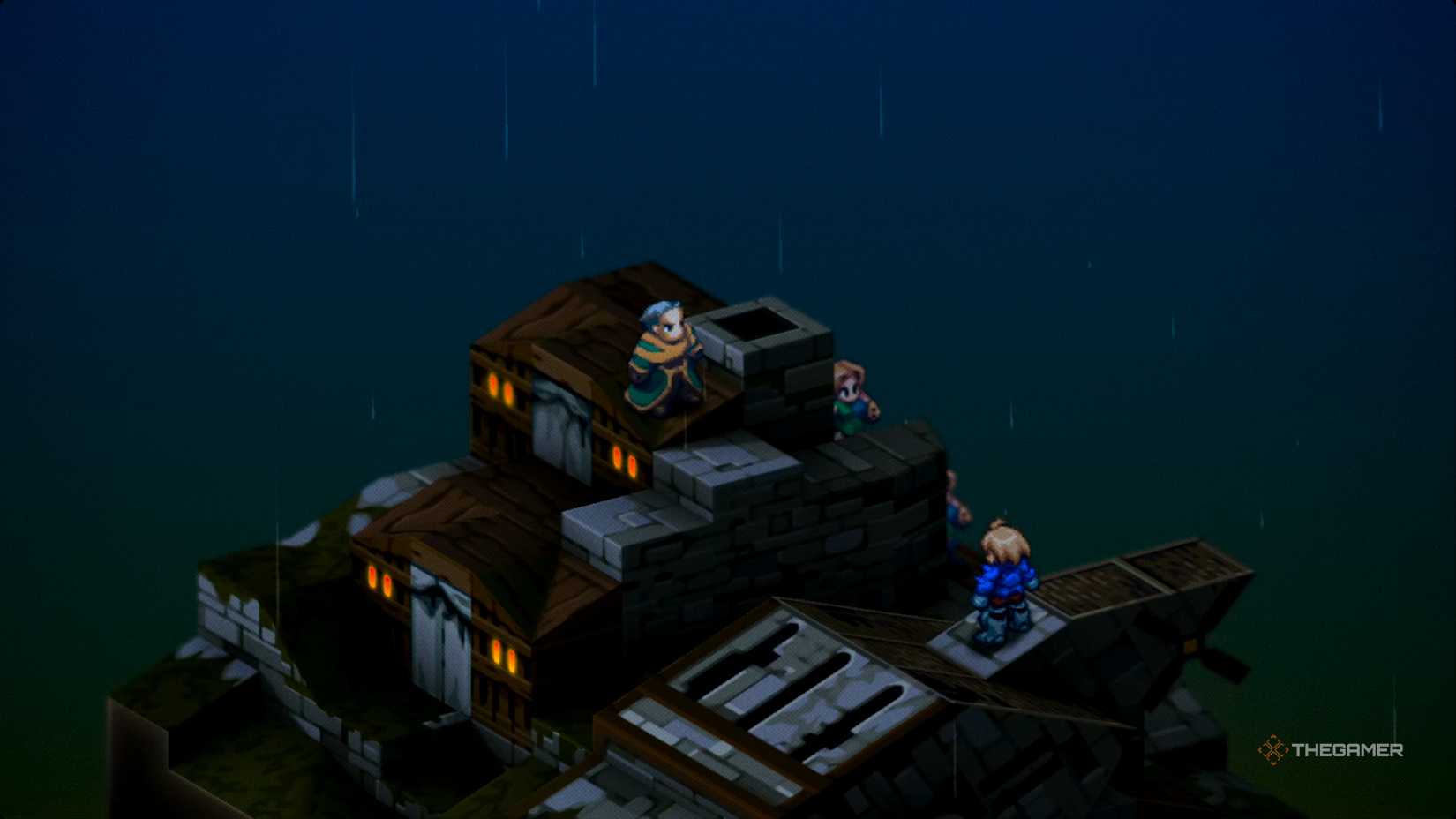 Ludovich confronting Ramza notifying him that he wants the Auracite and that he has captured his friend, Mustadio, in Final Fantasy Tactics: The Ivalice Chronicles.