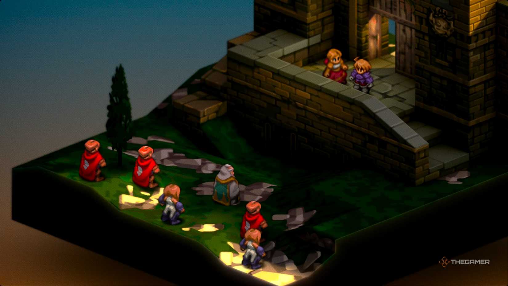 Zalmour and his army of Knights and Monks ambushing Ramza and Alma outside of the Lesalia Castle Posturn in Final Fantasy Tactics: The Ivalice Chronicles.