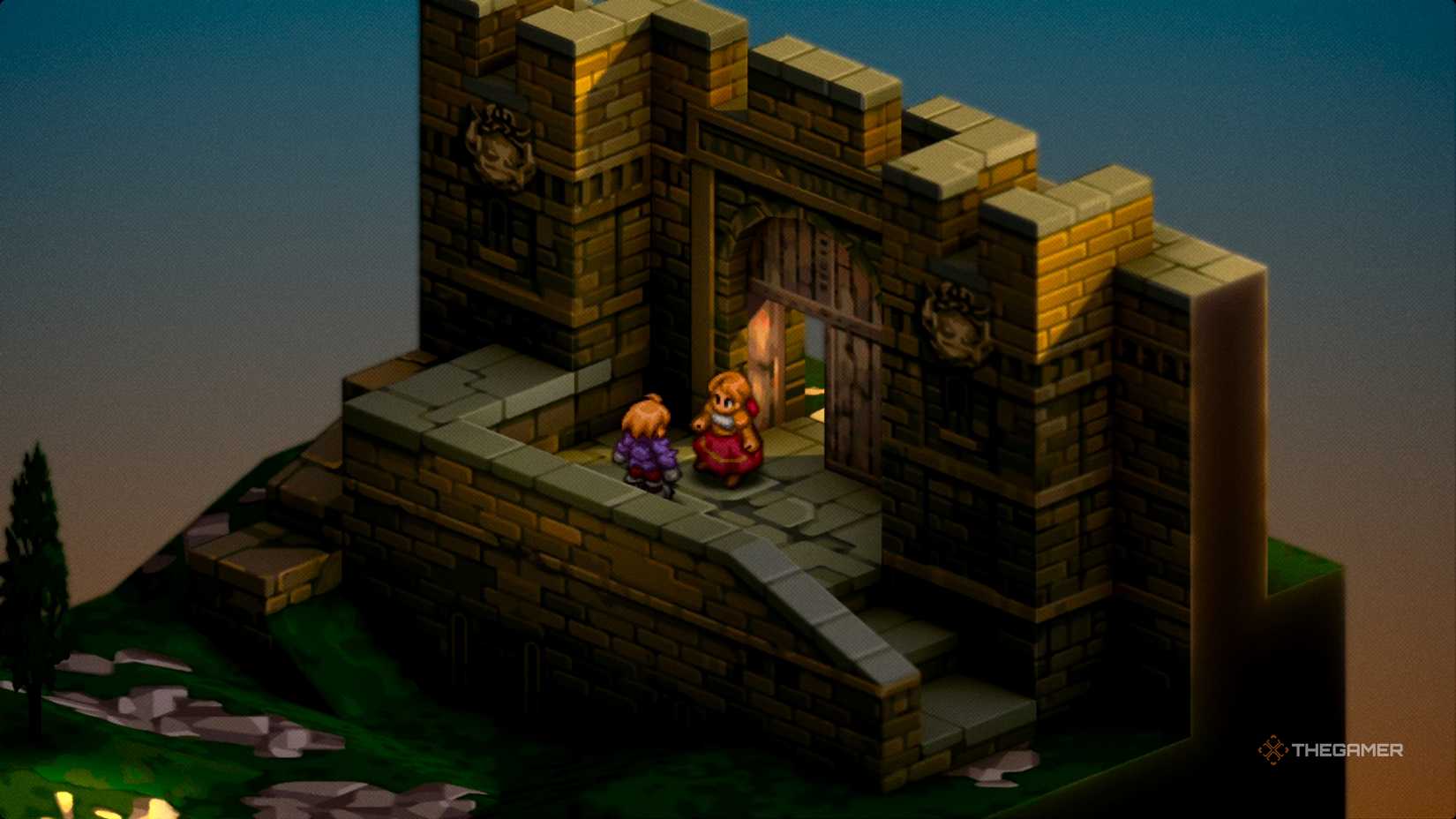 Ramza speaking with Alma at the Lesalia Castle Postern in Final Fantasy Tactics: The Ivalice Chronicles.