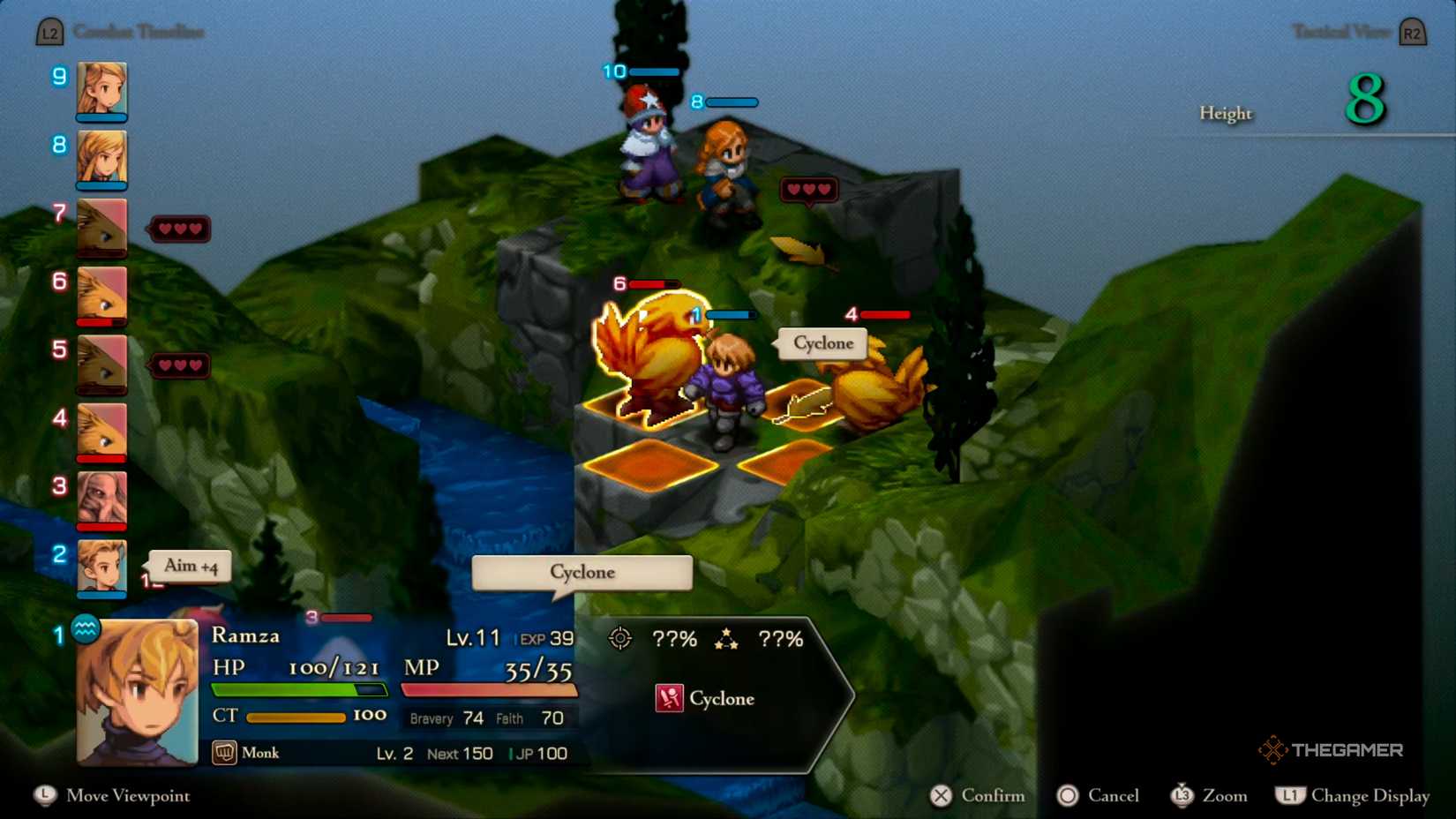 A Monk performing their Cyclone attack on a Chocobo for unknown amounts of damage in Final Fantasy Tactics: The Ivalice Chronicles.