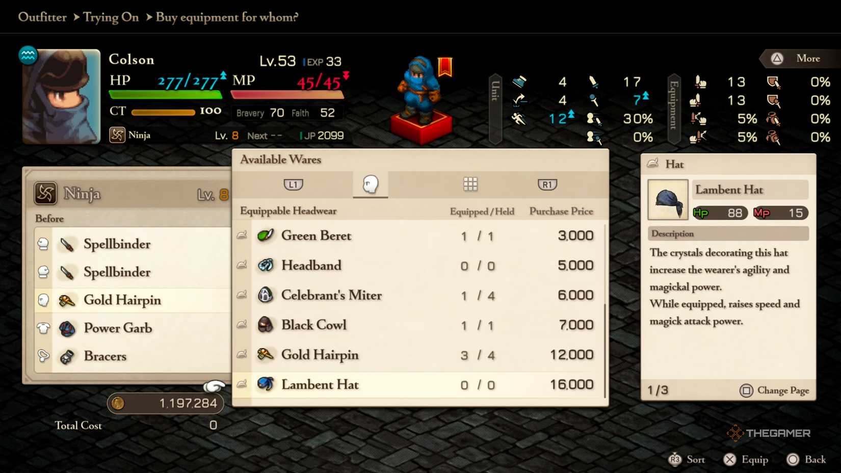 Colson, a Ninja, equipping purchasing and equipping the Lambent Hat to greatly increase his Speed Stat in Final Fantasy Tactics: The Ivalice Chronicles.