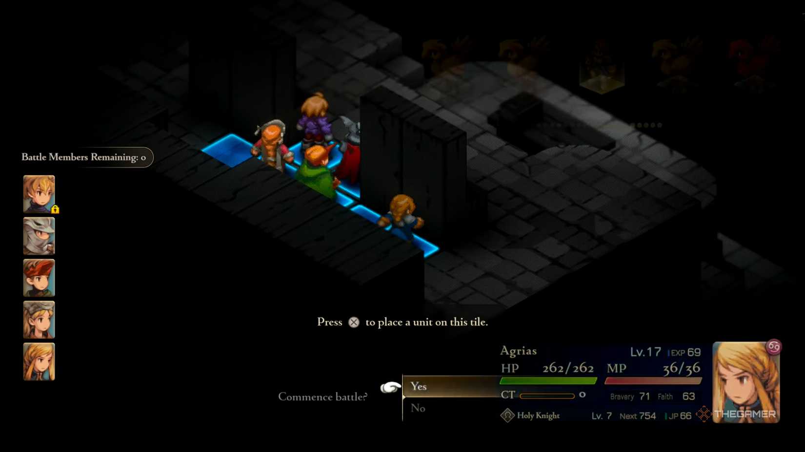 An overview of the unit placement for your team in the Orbonne Monastery Vaults: Second Level battle in Final Fantasy Tactics: The Ivalice Chronicles.