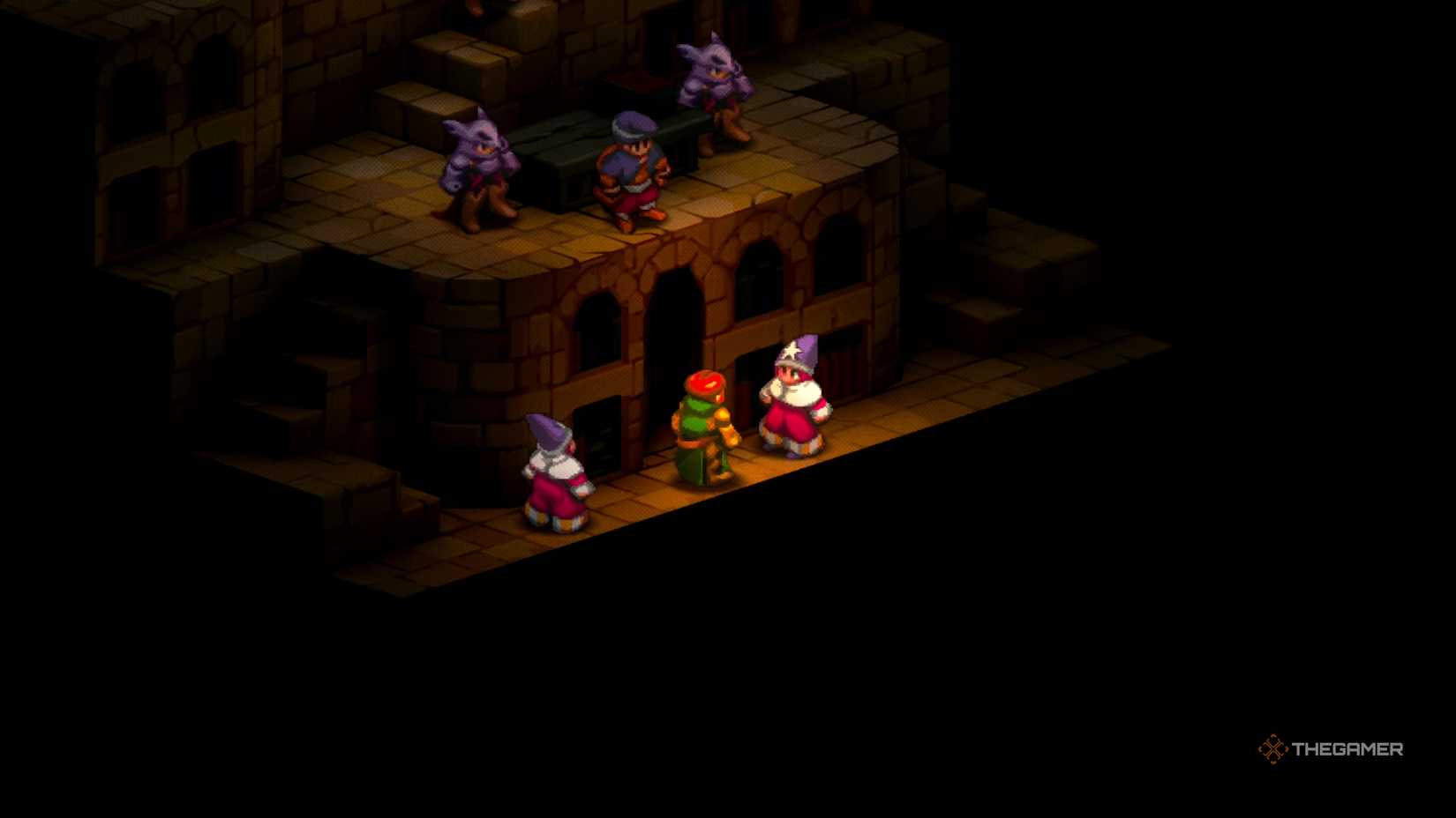 Isilud speaking with Dragoons, Chemists, and Time Mages, having them setup within the Orbonne Monastery Vaults to attack anyone who enters in Final Fantasy Tactics: The Ivalice Chronicles.