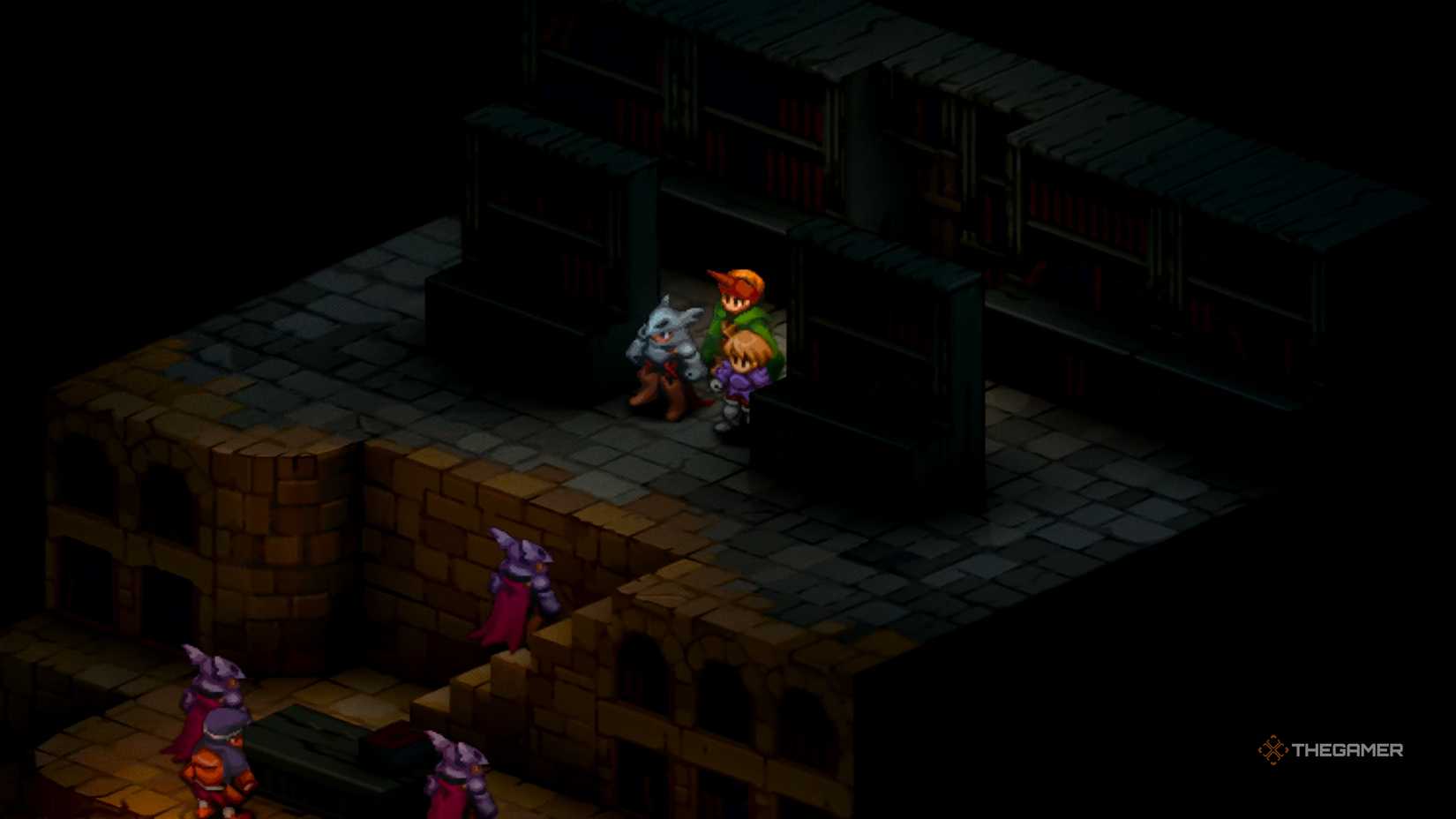 Ramza and his party squaring off against a handful of Dragoons, Chemists, and Time Mages within the Orbonne Monastery Vaults in Final Fantasy Tactics: The Ivalice Chronicles.