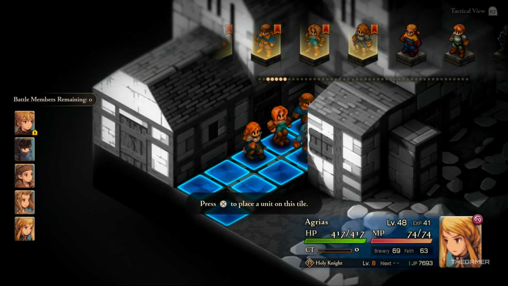 An overview of the unit placement for the Outlying Church battle in Final Fantasy Tactics: The Ivalice Chronicles.