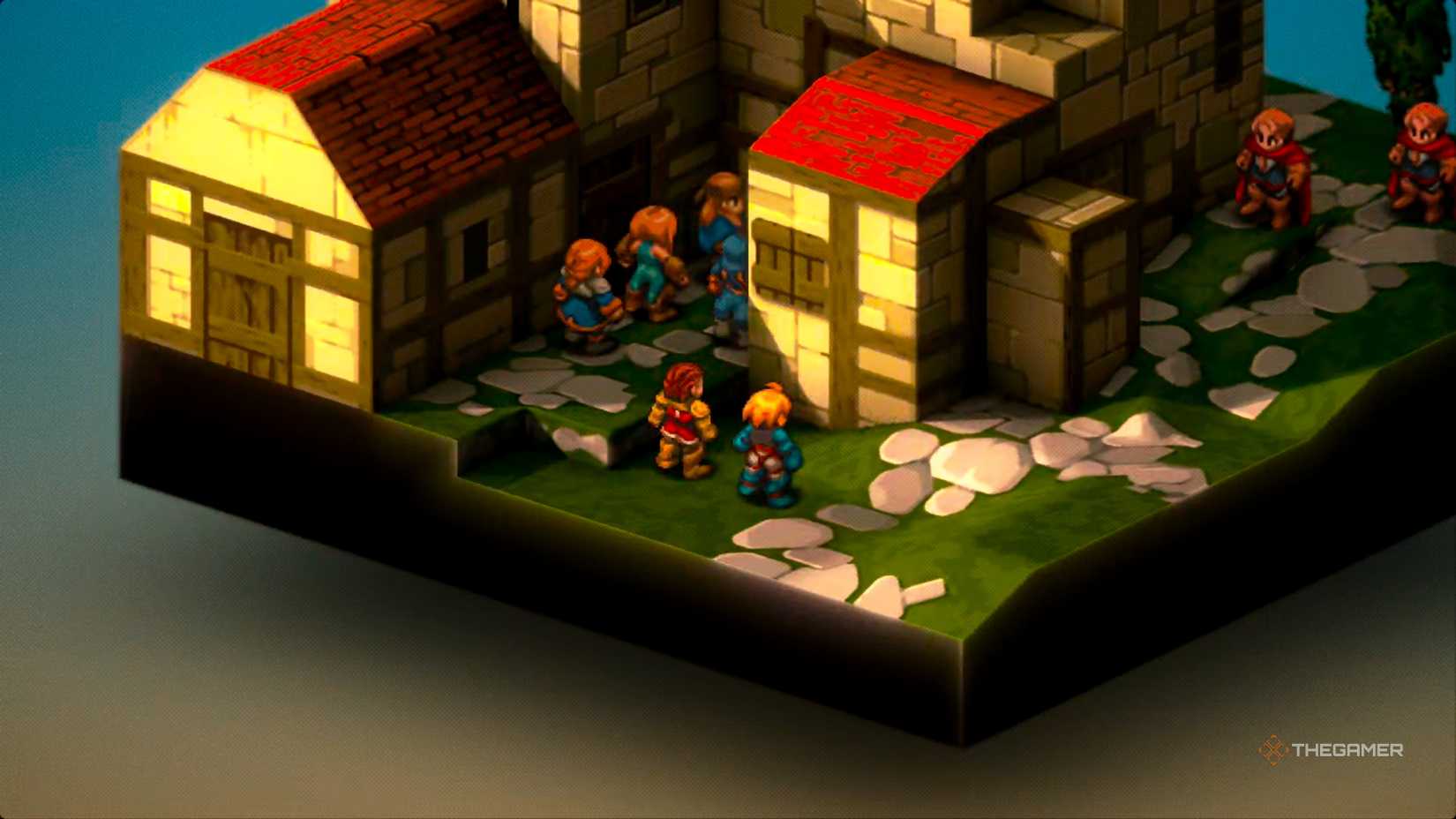 Delita and Ramza looking up at Zalmour at the top of the Outlying Church in Final Fantasy Tactics: The Ivalice Chronicles.