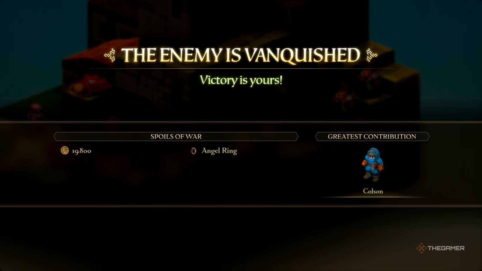An overview of the Rewards you will receive for completing the Outlying Church battle in Final Fantasy Tactics: The Ivalice Chronicles. You will obtain 19,800 Gil and an Angel Ring.