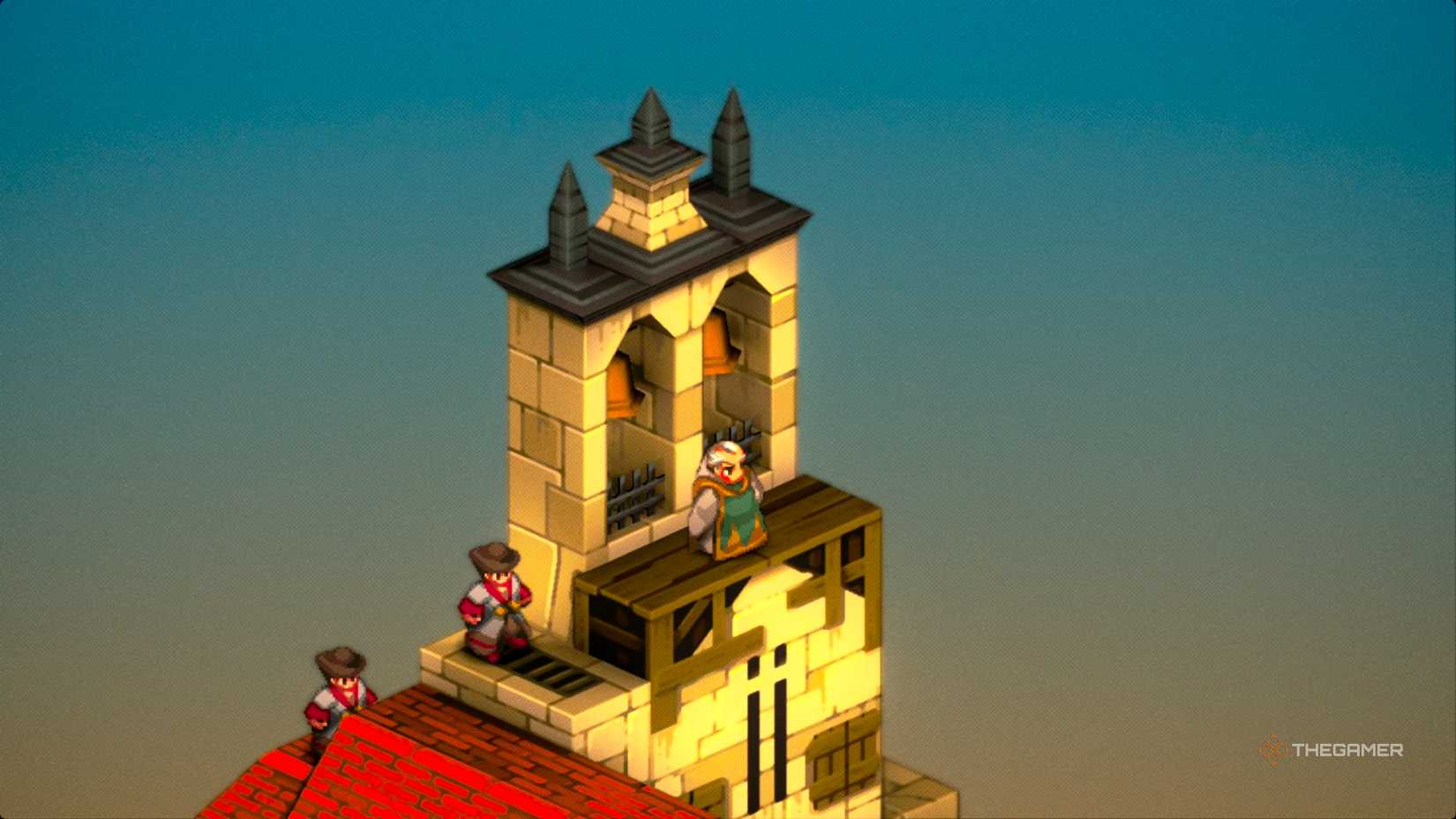 Zalmour standing at the top of the Outlying Church, staring down at Delita and Ramza in Final Fantasy Tactics: The Ivalice Chronicles.