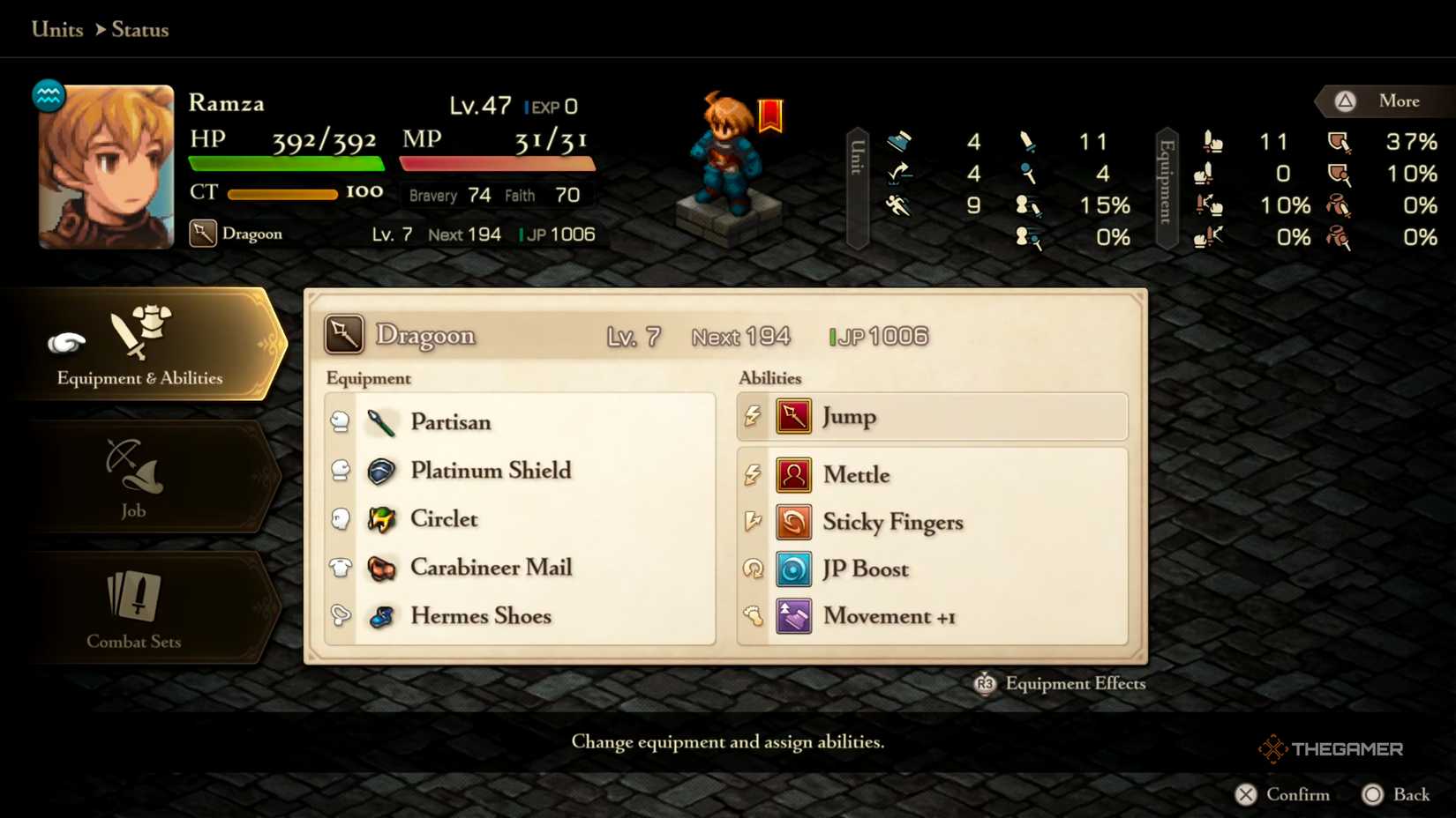 Ramza with a mix-match of Abilities from the Dragoon, Gallant Knight, and Thief Jobs to create a powerful early game build in Final Fantasy Tactics: The Ivalice Chronicles.