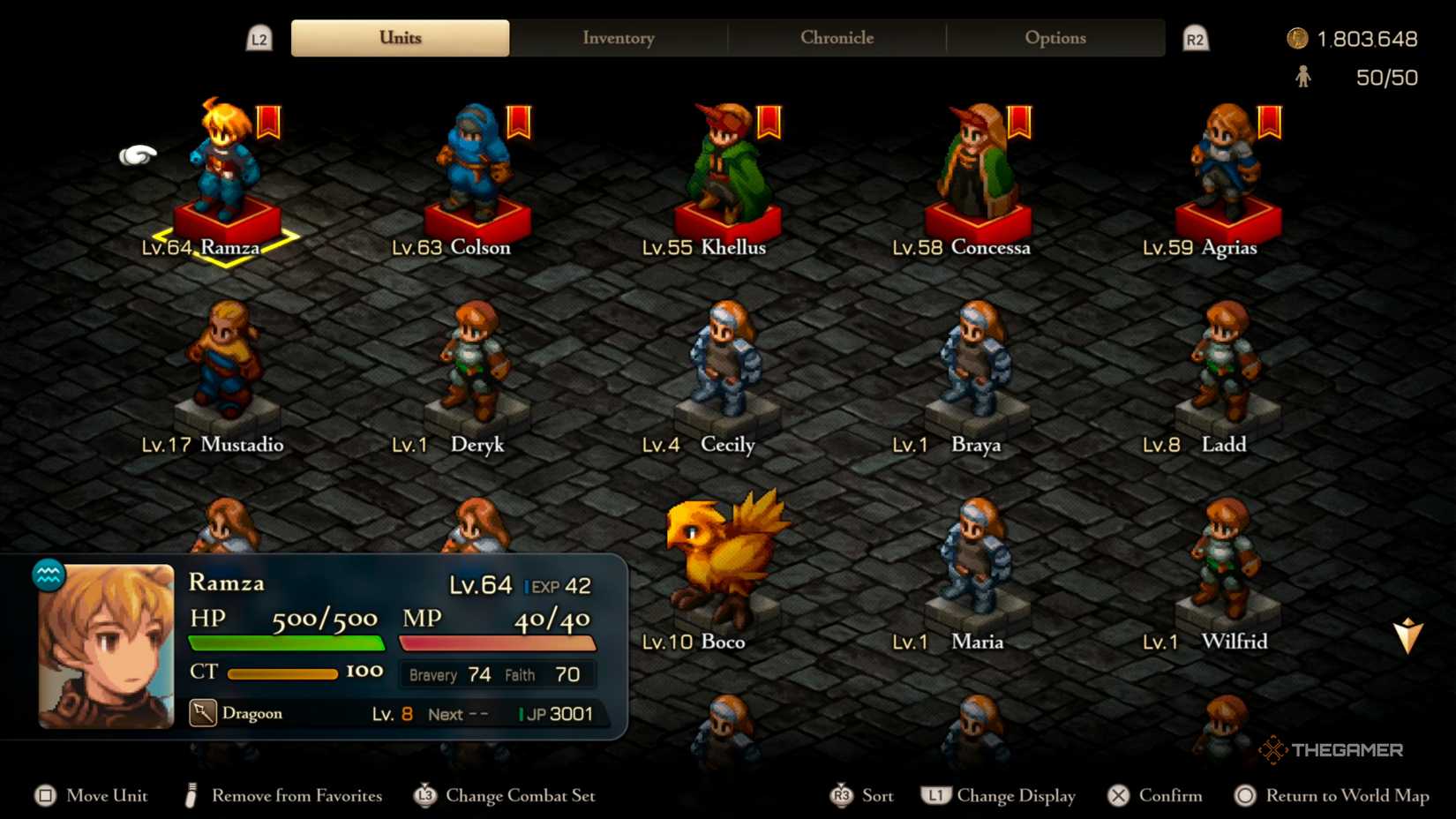 An overview of a Level 64 Ramza with a maxed-out Dragoon Job that has 3001 JP in Final Fantasy Tactics: The Ivalice Chronicles.
