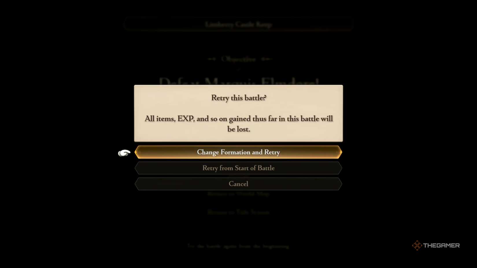 A look at the Retry menu, allowing you to Retry a battle from the start of the encounter itself or during the Formation portion in Final Fantasy Tactics: The Ivalice Chronicles.