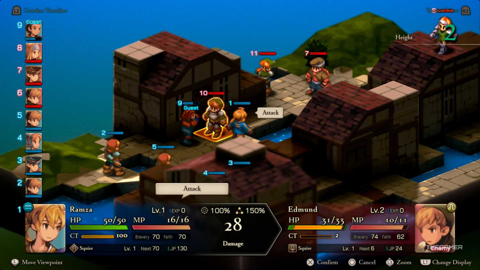 Ramza as a Squire landing a devastating attack on a generic Squire for massive amounts of damage in Final Fantasy Tactics: The Ivalice Chronicles.