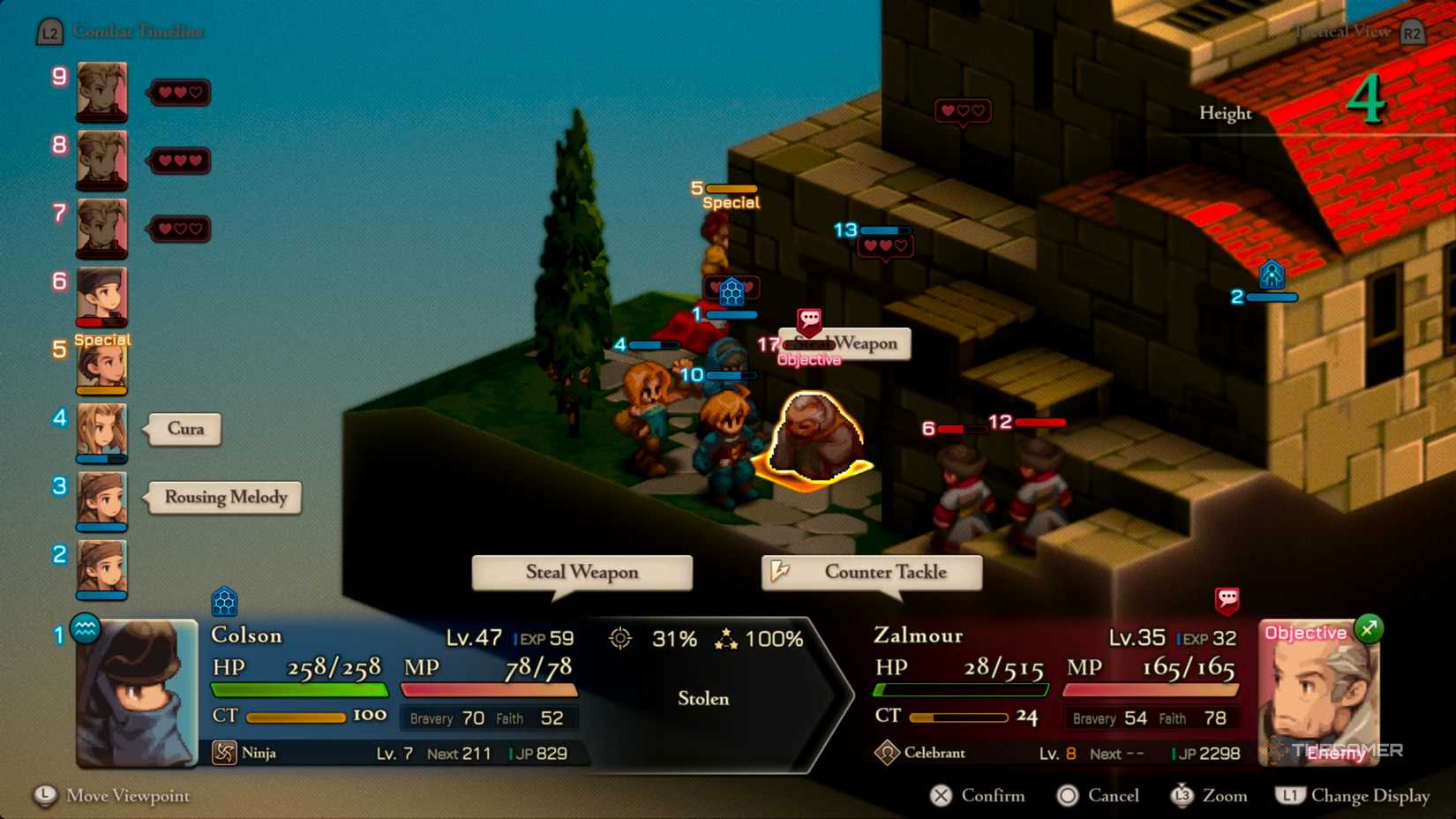 Colson, a Ninja, attempting to Steal the Eight-Fluted Pole from Zalmour with a chance of being Counter Tackled upon doing so in Final Fantasy Tactics: The Ivalice Chronicles.