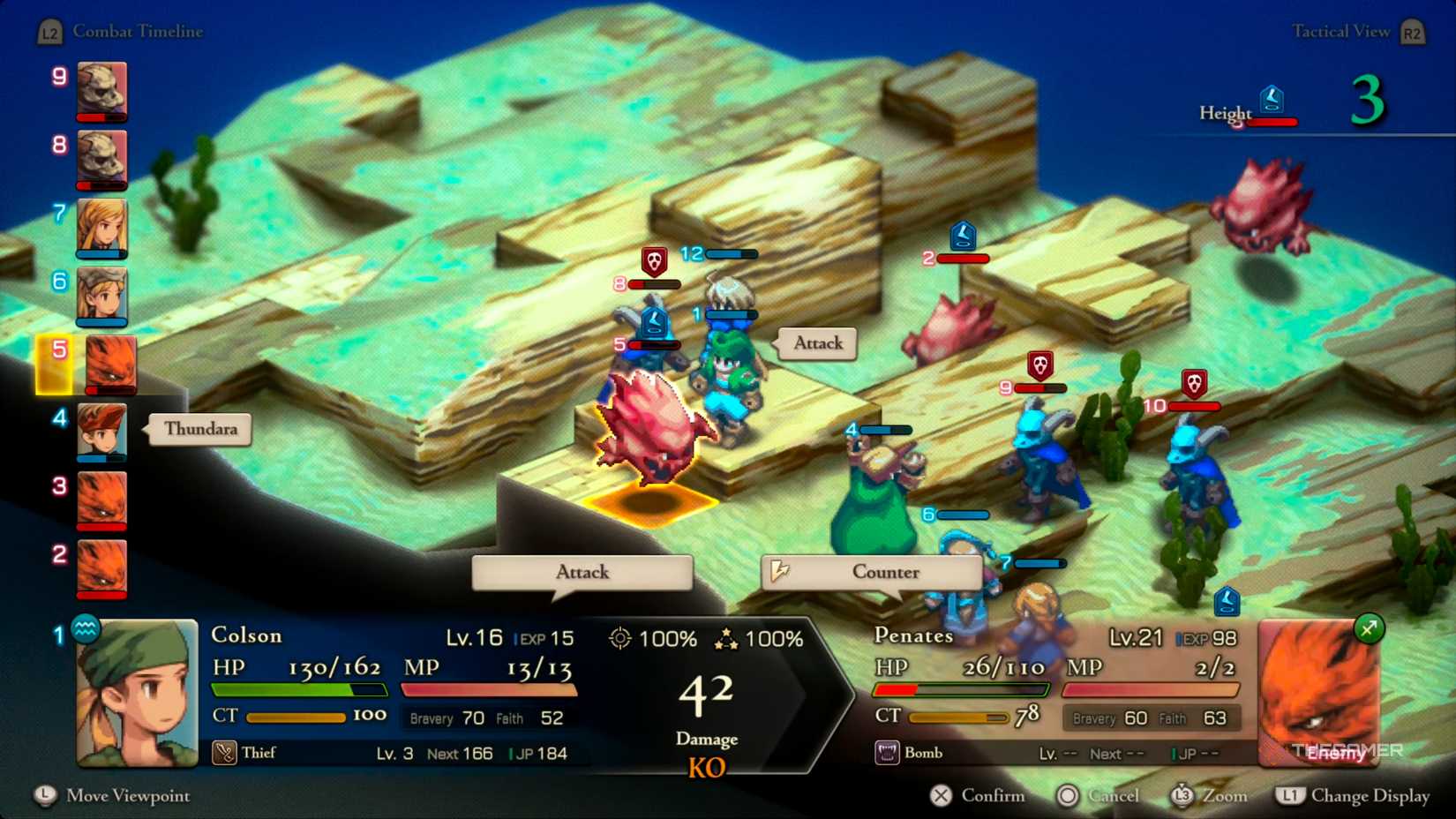 A Thief landing an attack on a Bomb for a swift KO in Final Fantasy Tactics: The Ivalice Chronicles.