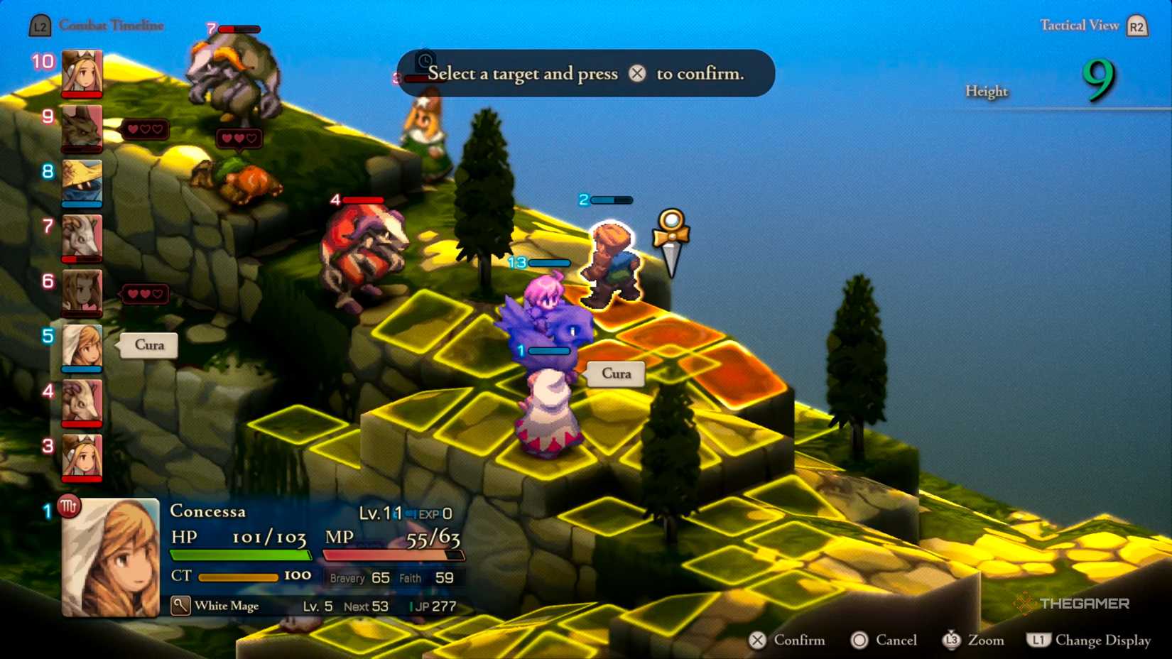 A White Mage casting Cura on an Archer to replenish a lot of their HP in Final Fantasy Tactics: The Ivalice Chronicles.