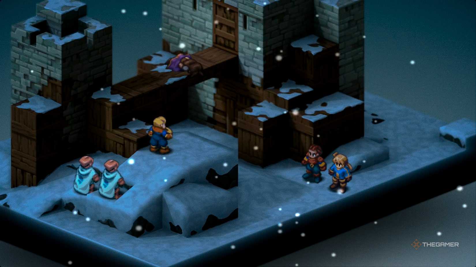 Argath whistling for backup after Ramza and Delita declare battle after Tietra is sniped by an archer in Final Fantasy Tactics: The Ivalice Chronicles.