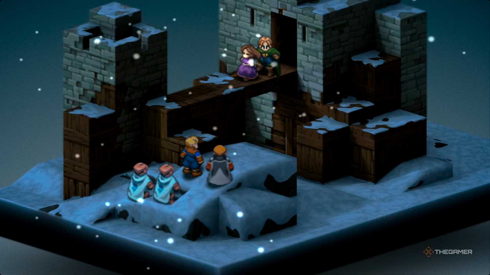 Zalbaag and Argath looking up toward Gragoroth, who is holding Tietra hostage, in Final Fantasy Tactics: The Ivalice Chronicles.