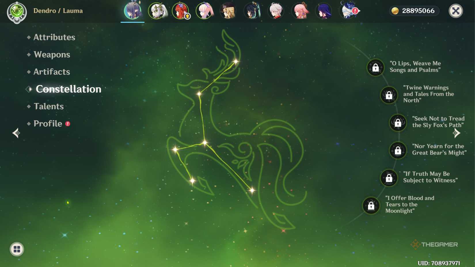 Genshin Impact Lauma constellation screen.