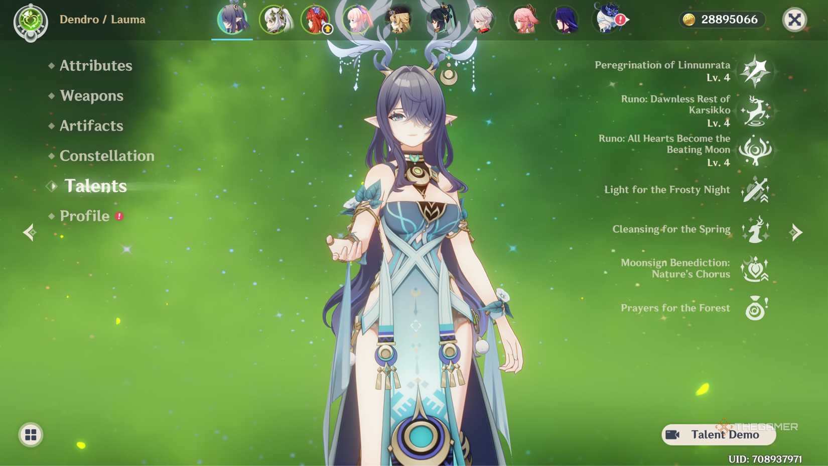 Genshin Impact Lauma talent screen.