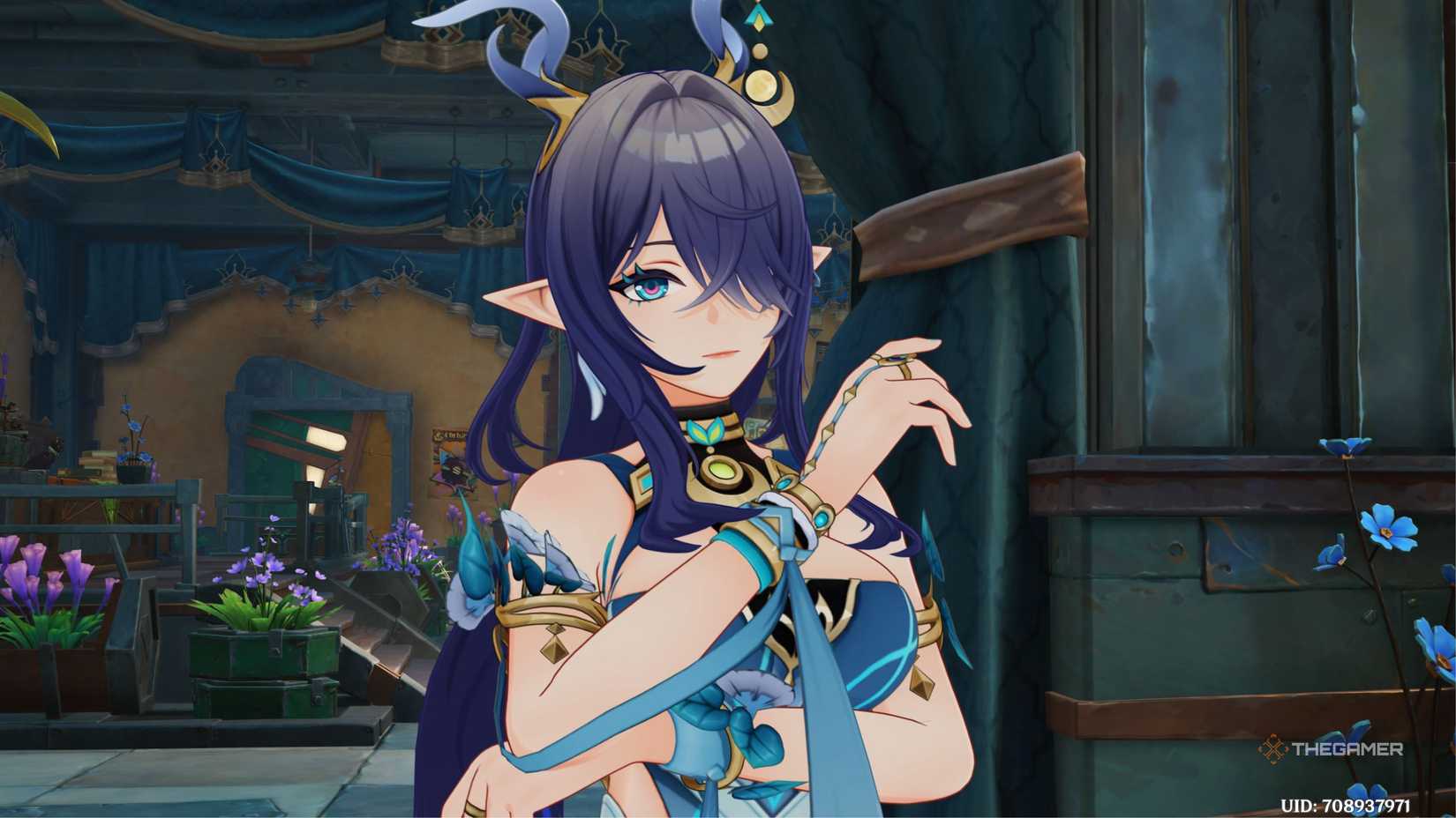 Genshin Impact Lauma thinking pose.