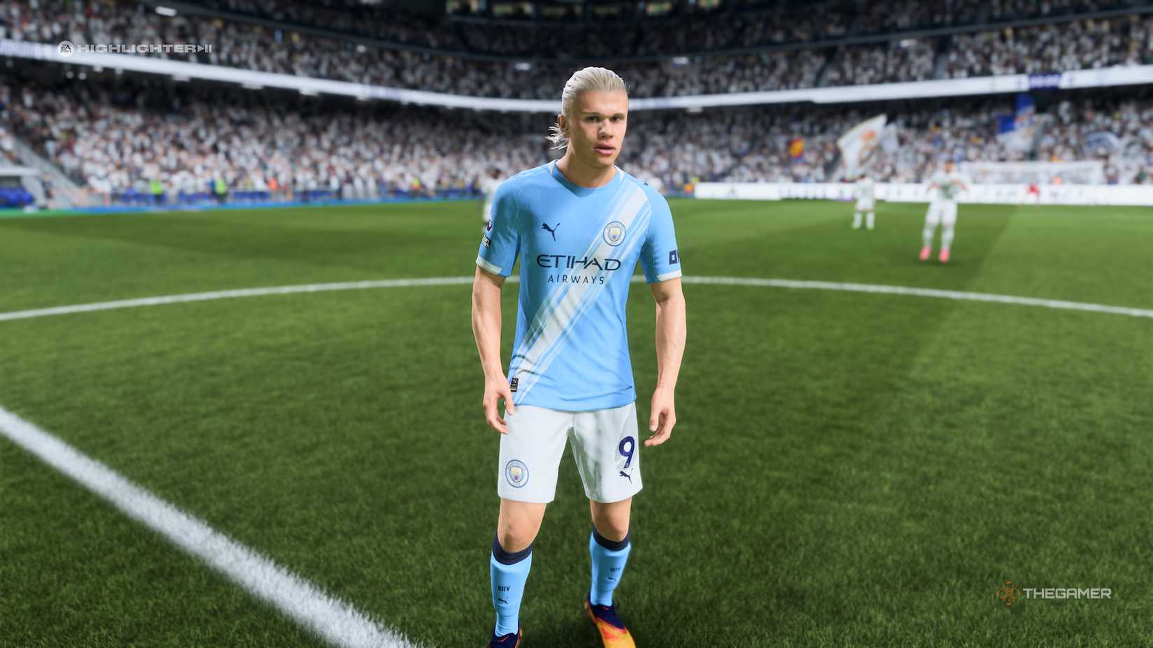 Haaland stood in the middle of the pitch in EA Sports FC 26.