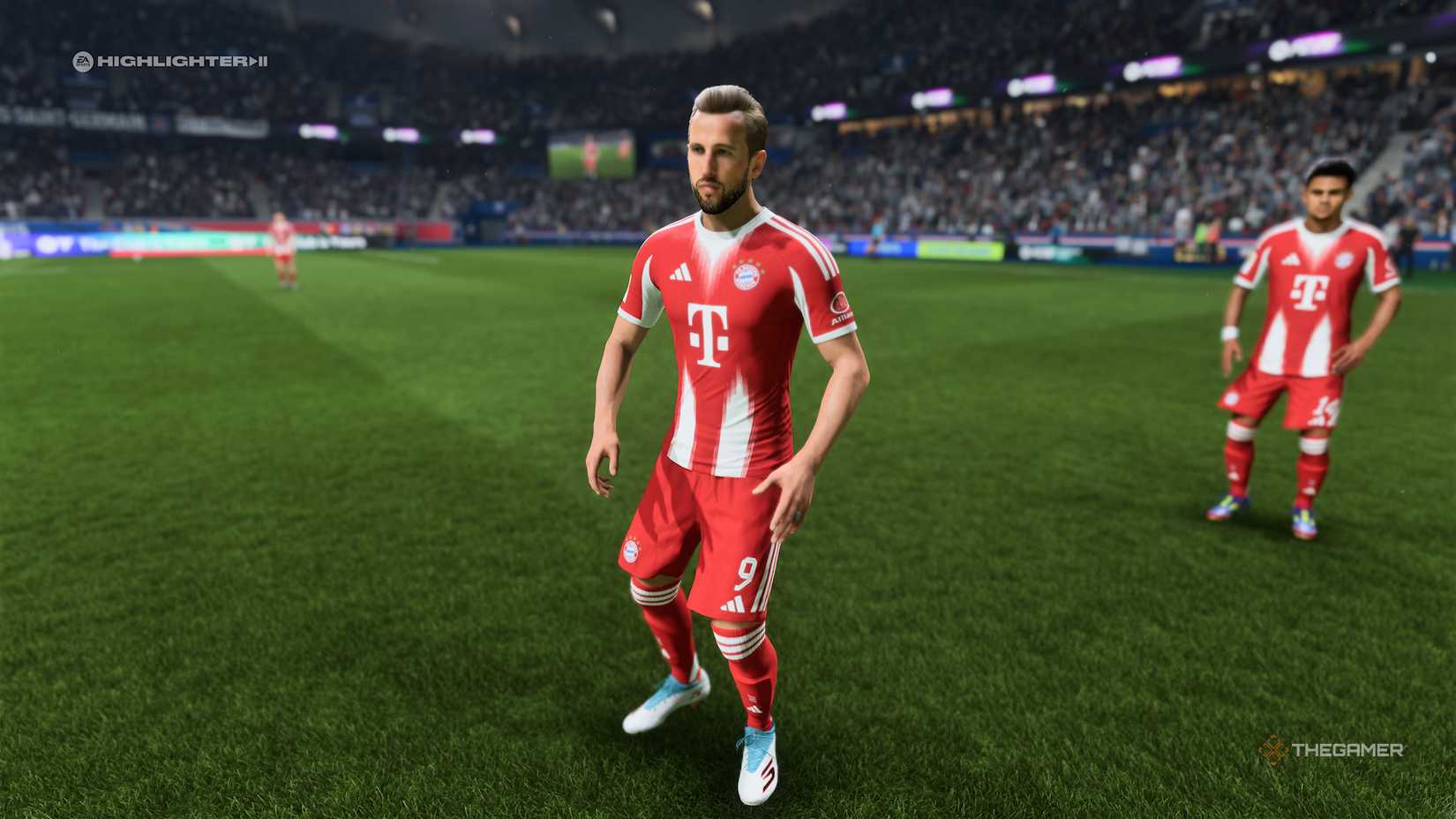Harry Kane standing near the halfway line in EA Sports FC 26.