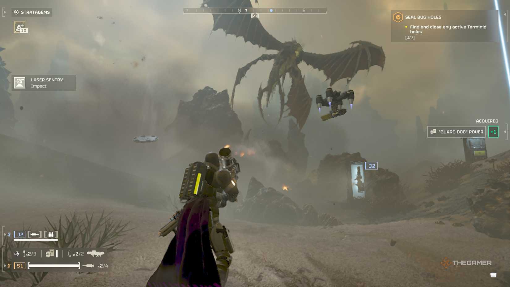 Helldivers 2 A Dragon roach attacking two helldivers from the sky.
