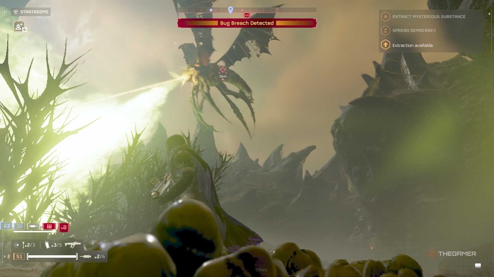 Helldivers 2 A dragonroach overhead spraying poison.