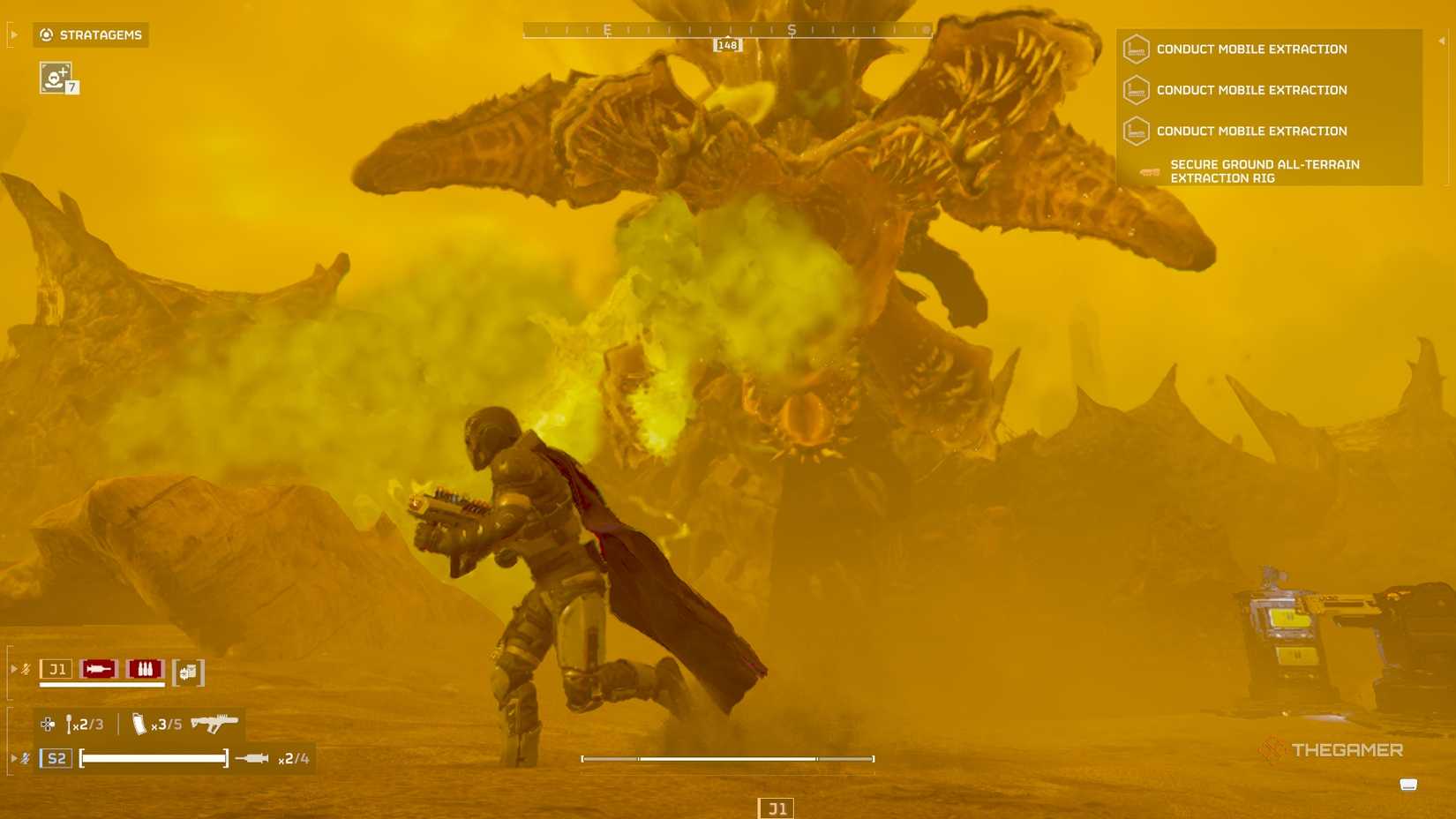 Helldivers 2 A Hive Lord spewing poison across a field.
