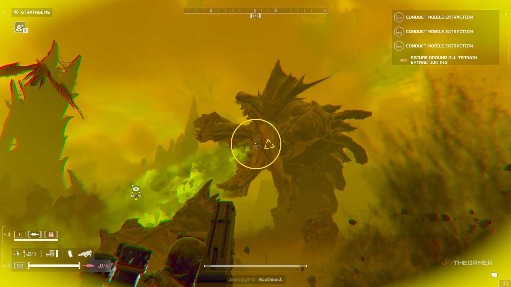Helldivers 2 Firing a spear at the Hive Lord bursting out of the ground.