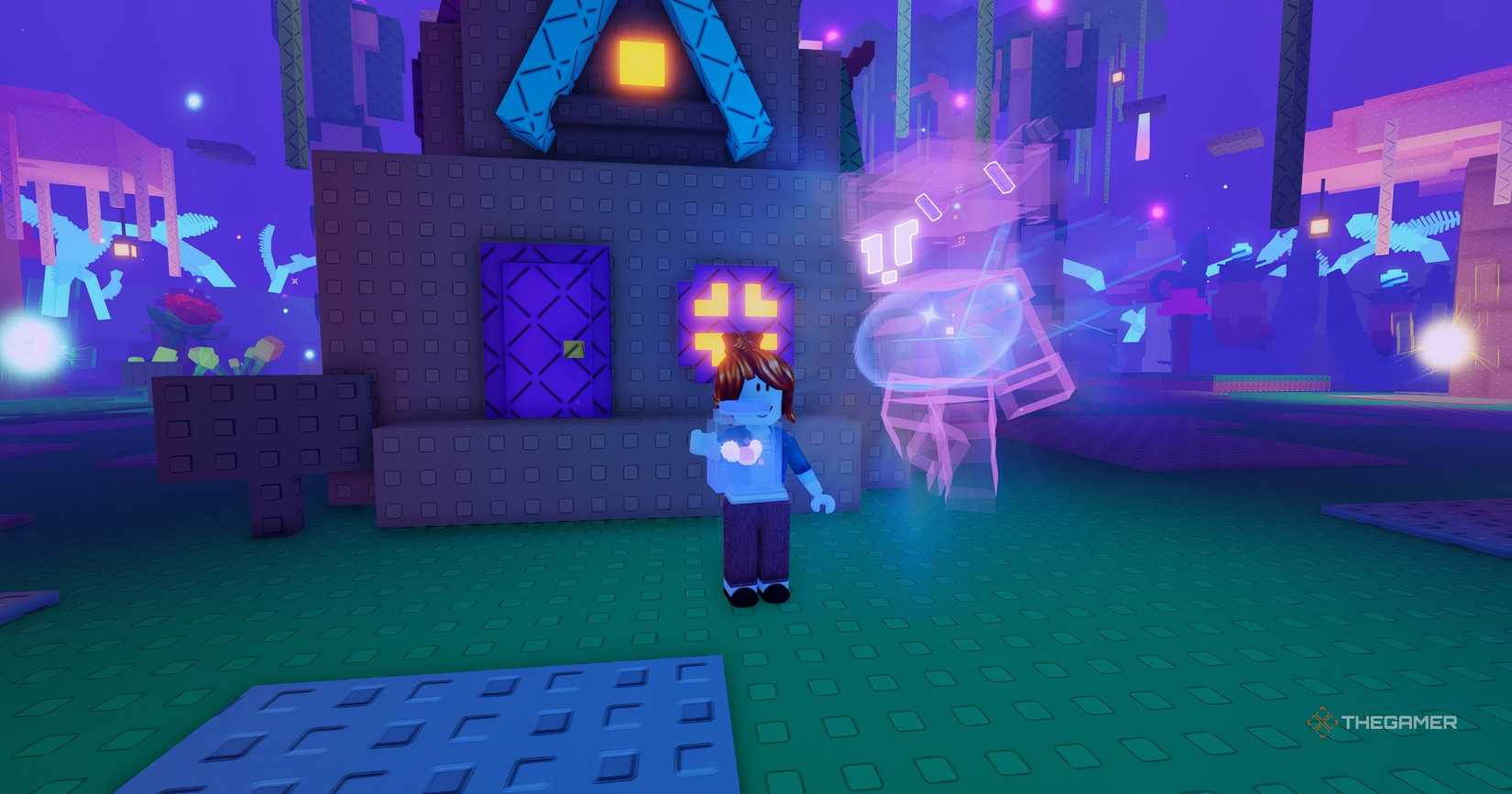Holding a fairy jar beside the Luminous Sprite in Roblox Grow a Garden.