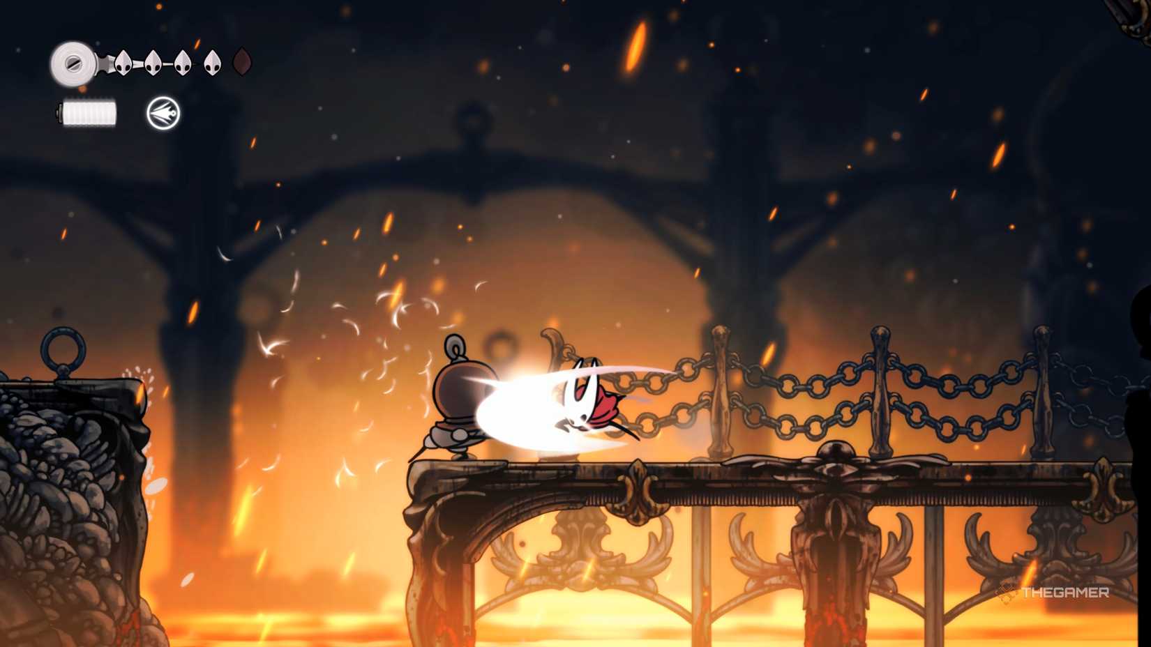 Hornet clashing weapons with a Smelt Shoveler, parrying its attack in Hollow Knight: Silksong.