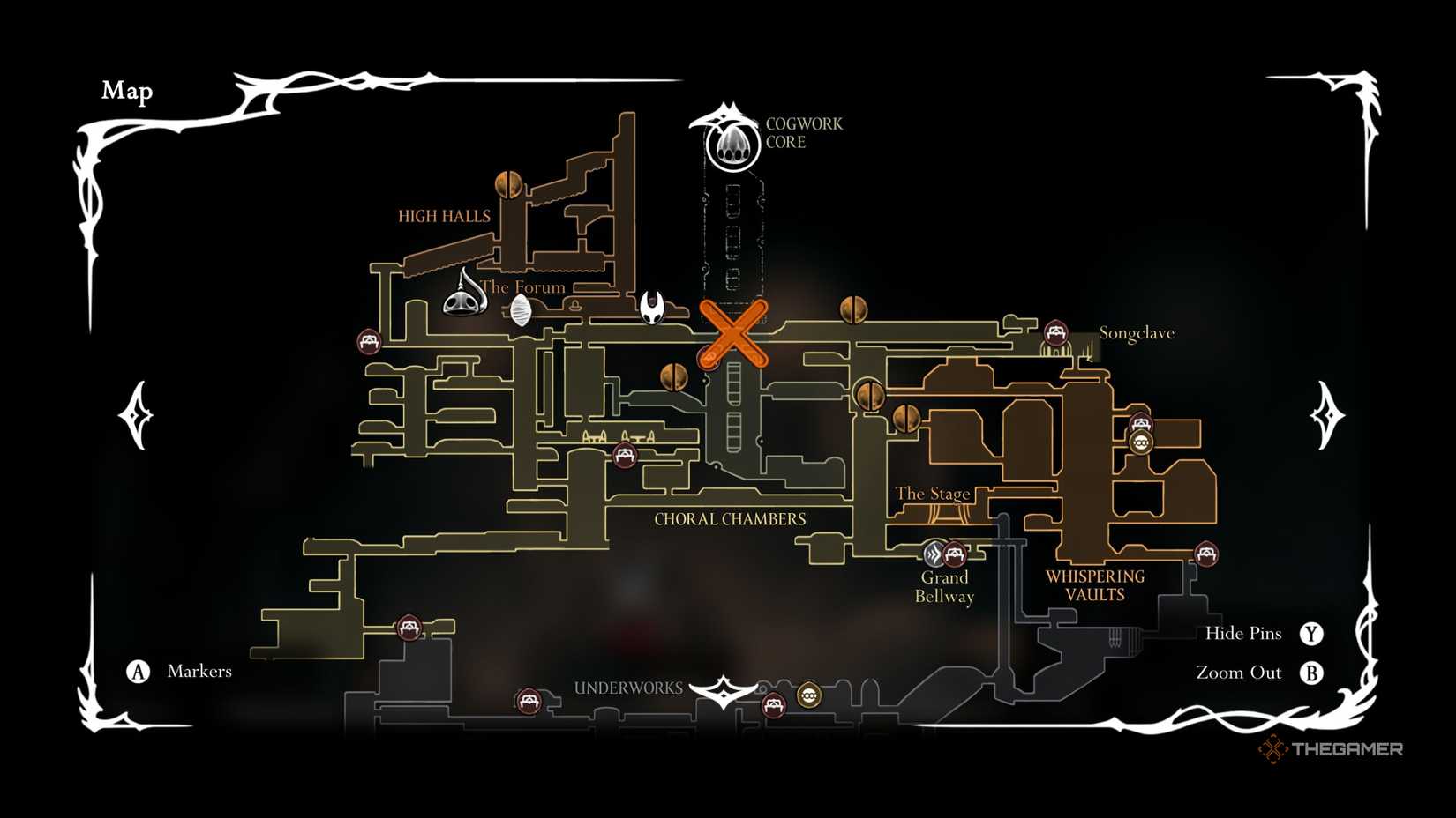 Hollow Knight Silksong Cogwork Dancers boss fight location marked on the map.