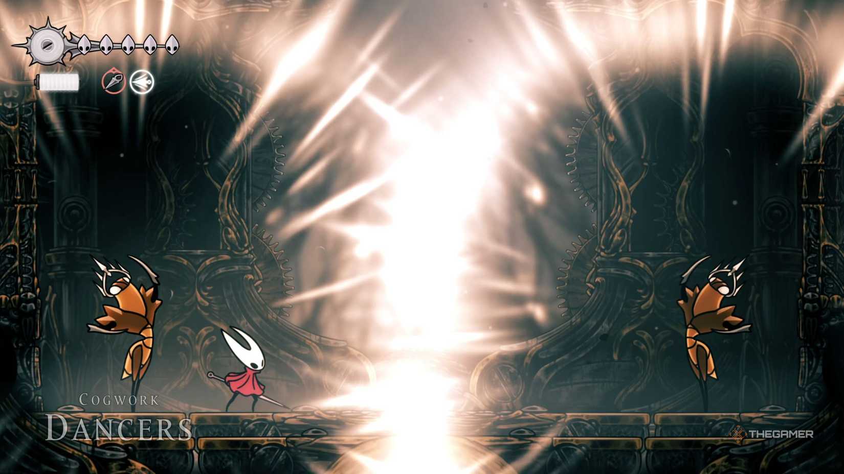 Hollow Knight Silksong Cogwork Dancers boss fight start.