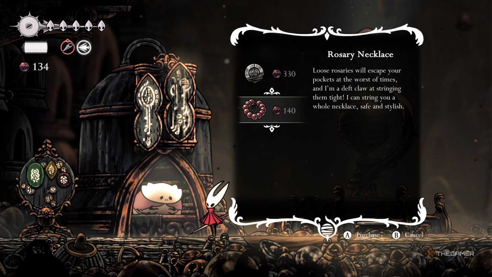 Hollow Knight Silksong creating Rosary Necklace at the vendor.