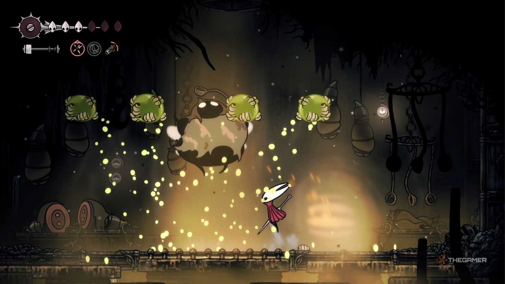Hollow Knight Silksong Disgraced Chef Lugoli poerforming an attack.