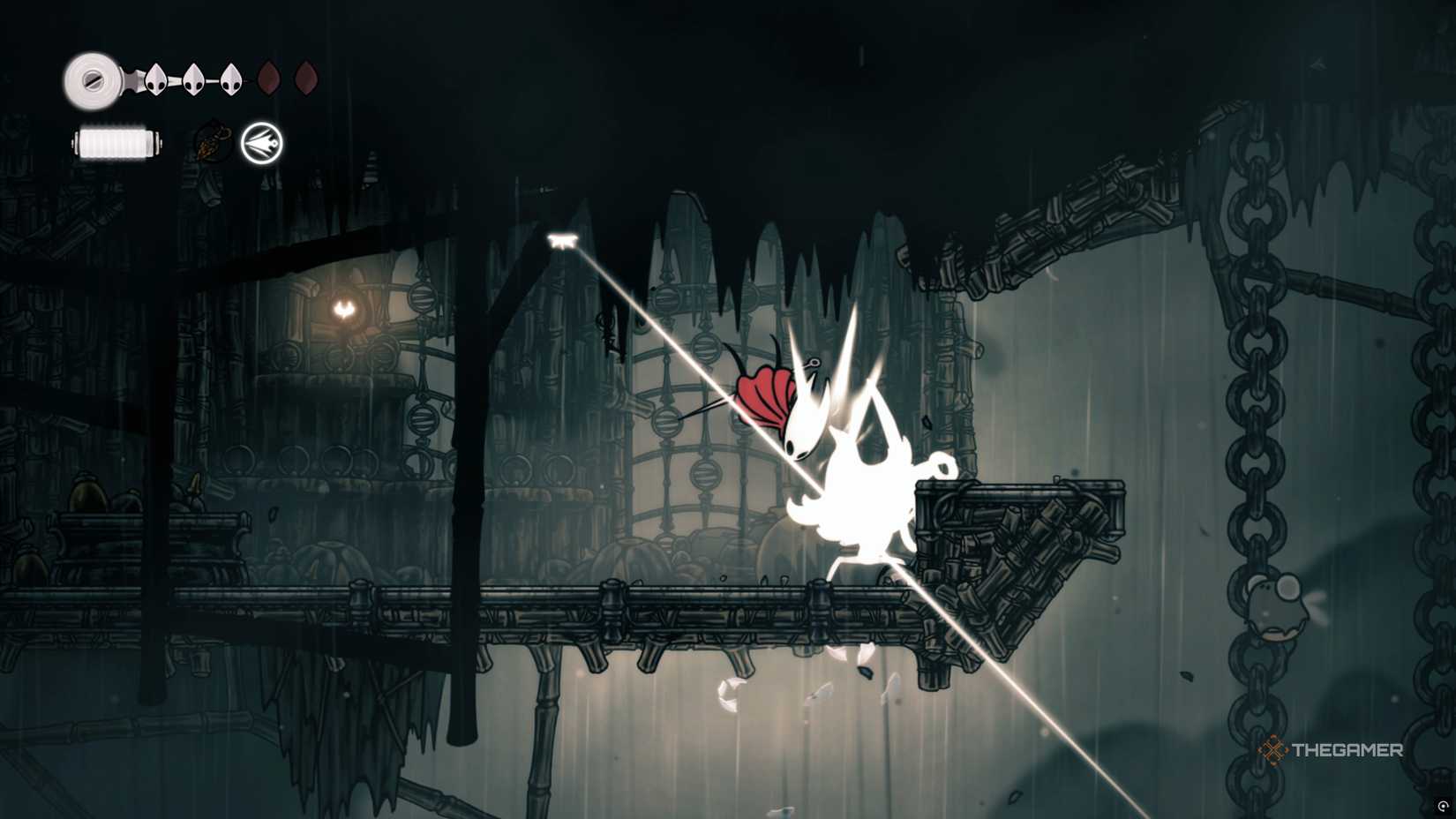 Hornet performing a Dive Attack onto a Silk Snipper in Hollow Knight: Silksong.